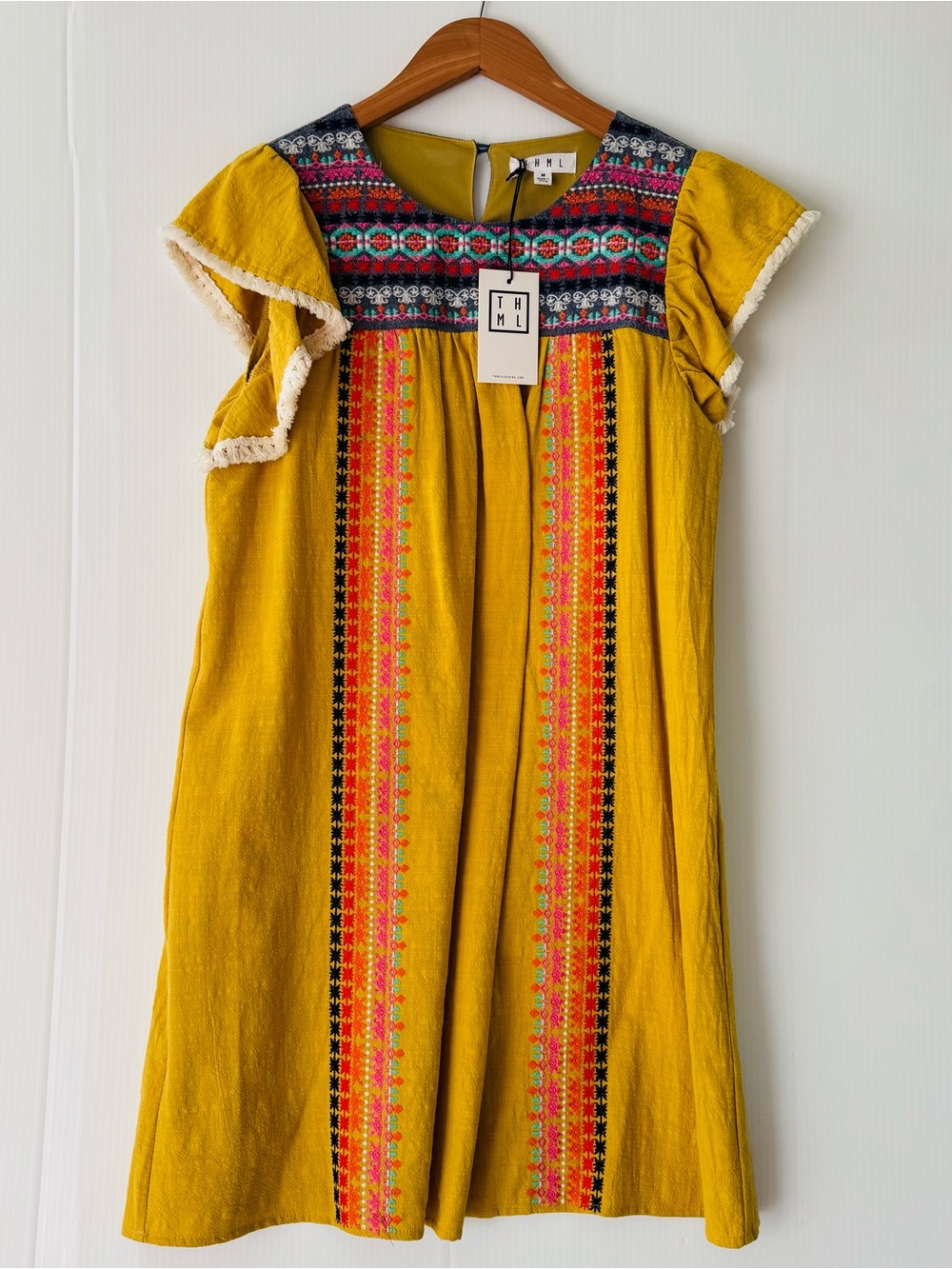 THML Mustard Embroidered Mini Dress